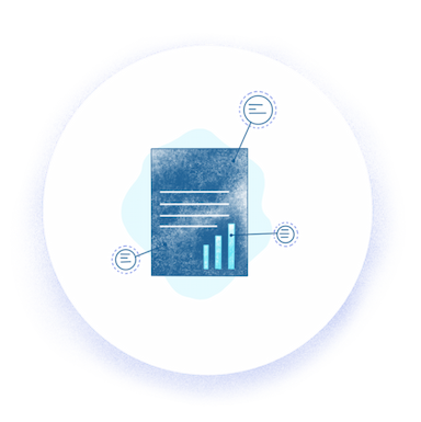 Illustration of a document, where some dark blue and asbtract certification seals stand out.