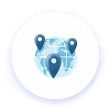 Illustration of a worldmap, where some pins shows international presence, dark blue and asbtract.