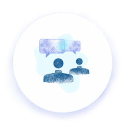 Abstract icon of people talking in blue tones.